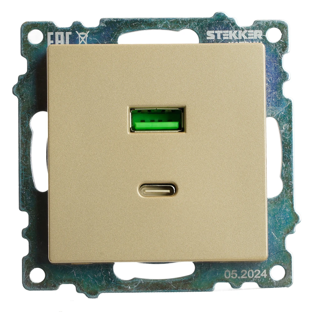Розетка 2-местная USB + type C (механизм), 250В, 3А, max 20W, STEKKER, GLS10-7116-08, серия Катрин, золото 50053 7