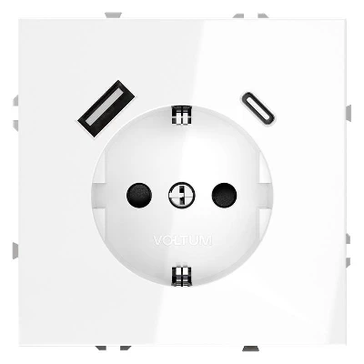 Розетка 1-м СП S70 16А с USB тип A+С механизм с заземл. защ. шторки бел. глянцевый Voltum VLS040501