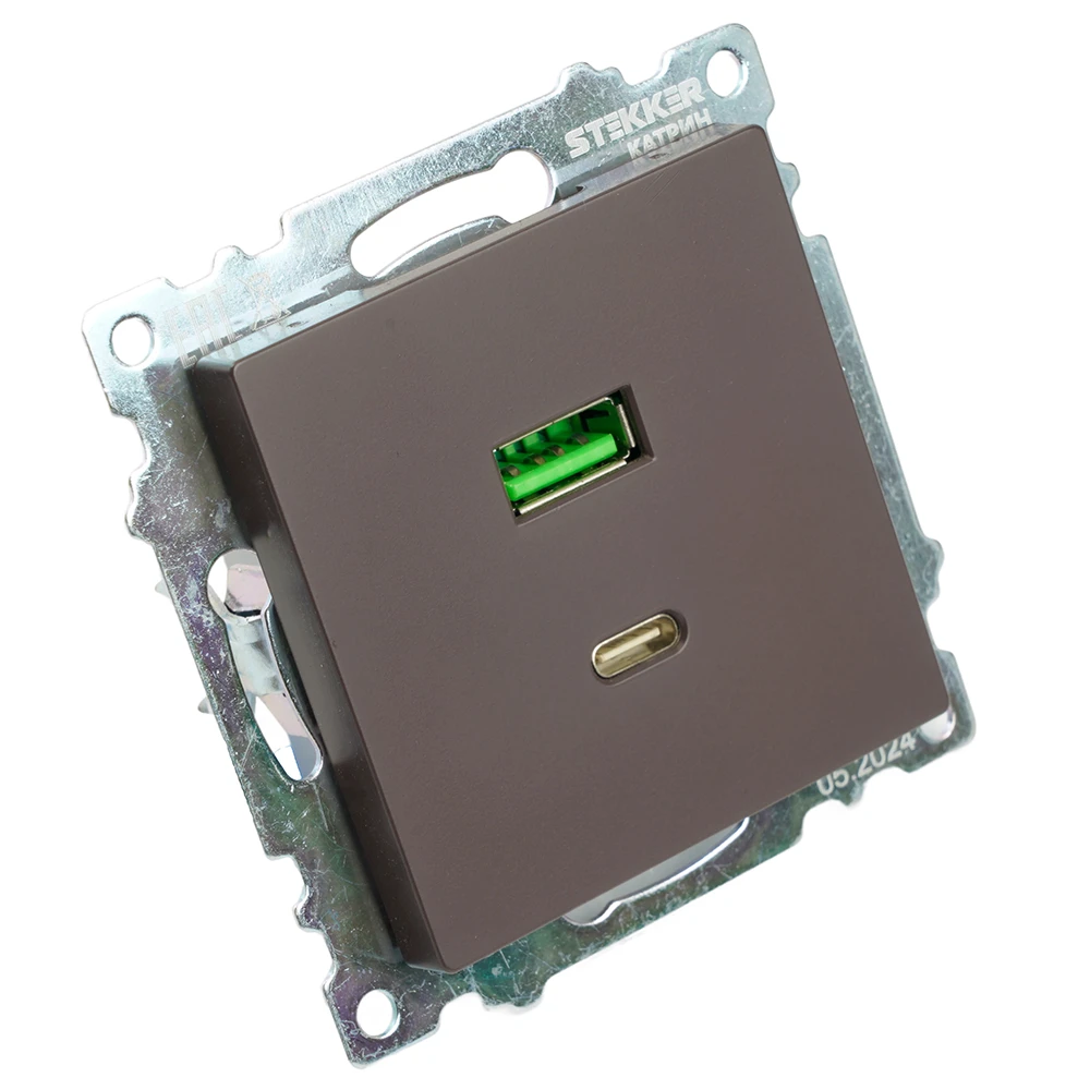 Розетка 2-местная USB + type C, STEKKER GLS10-7116-04, 250В, 3А, max 20W,серия Катрин, шоколад 50057 1