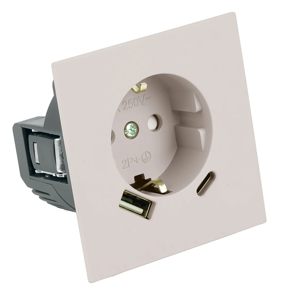 Розетка 1-местная з/ш с/з 16А + USB + Type C (механизм), STEKKER, 250В, 20W, серия Мия, RST16-3119-08, пудровый жемчуг 50482 1