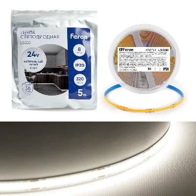 Светодиодная COB лента Feron LS530, 320SMD(2110)/м 10Вт/м 24V 5000*8*1.8мм 4000К IP20 48264