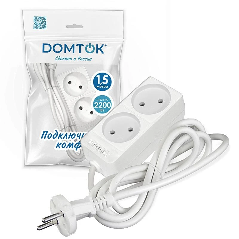 Удлинитель 2х1.5м без заземл. 10А IP20 2.2кВт ПВС 2х1 бел. DOMTOK 2344 1