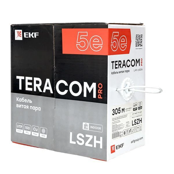 Кабель витая пара U/UTP кат.5E 4 пары 24 AWG solid LSZH нг(А)-HF сер. (м) TERACOM PRO EKF TRP-5EUTP-04LSH-GY-IN3 4