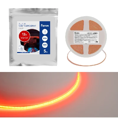 Светодиодная COB лента Feron LS630, 400SMD(2110)/ 7Вт/м 12V 5000*3*1.8мм красный, IP20 48952