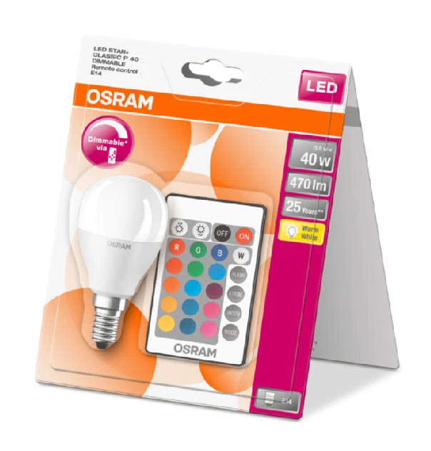 Лампа светодиодная LED Star P 40 5.5W/827 5.5Вт шар матовая 2700К тепл. бел. E14 470лм 220-240В RGBW + DIM с пультом диммир. пластик. OSRAM 4058075144385 2