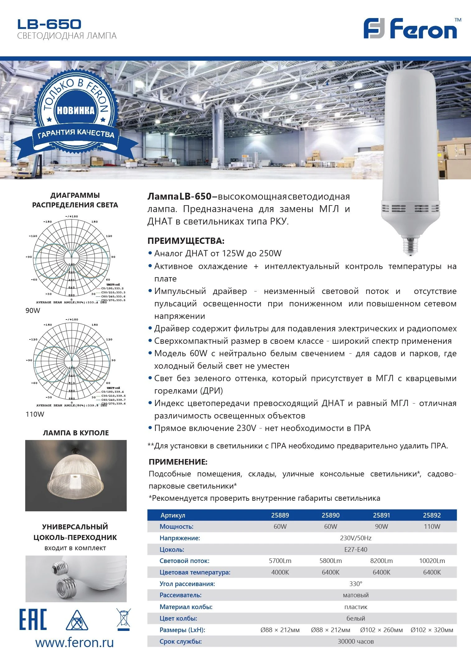 Лампа светодиодная Feron LB-650 E27-E40 60W 6400K 25890 1