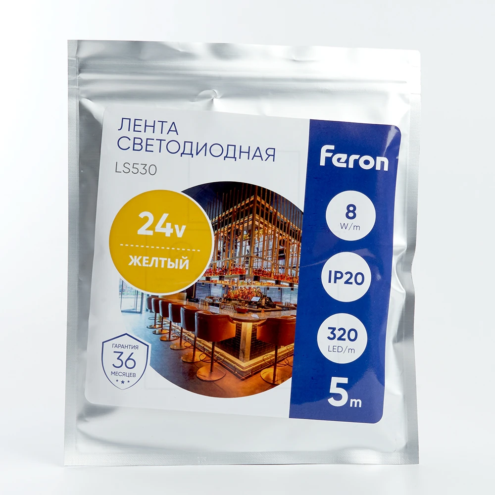 Светодиодная COB лента Feron LS530 320SMD(2110) 8Вт/м 24V 5000*8*1.8мм IP20, желтый 48269 6