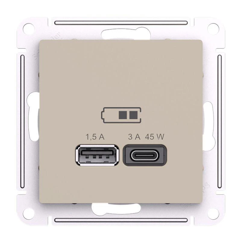 Розетка USB AtlasDesign тип A+C 45Вт высокоскор. ЗУ QC PD механизм песочн. SE ATN001229 2