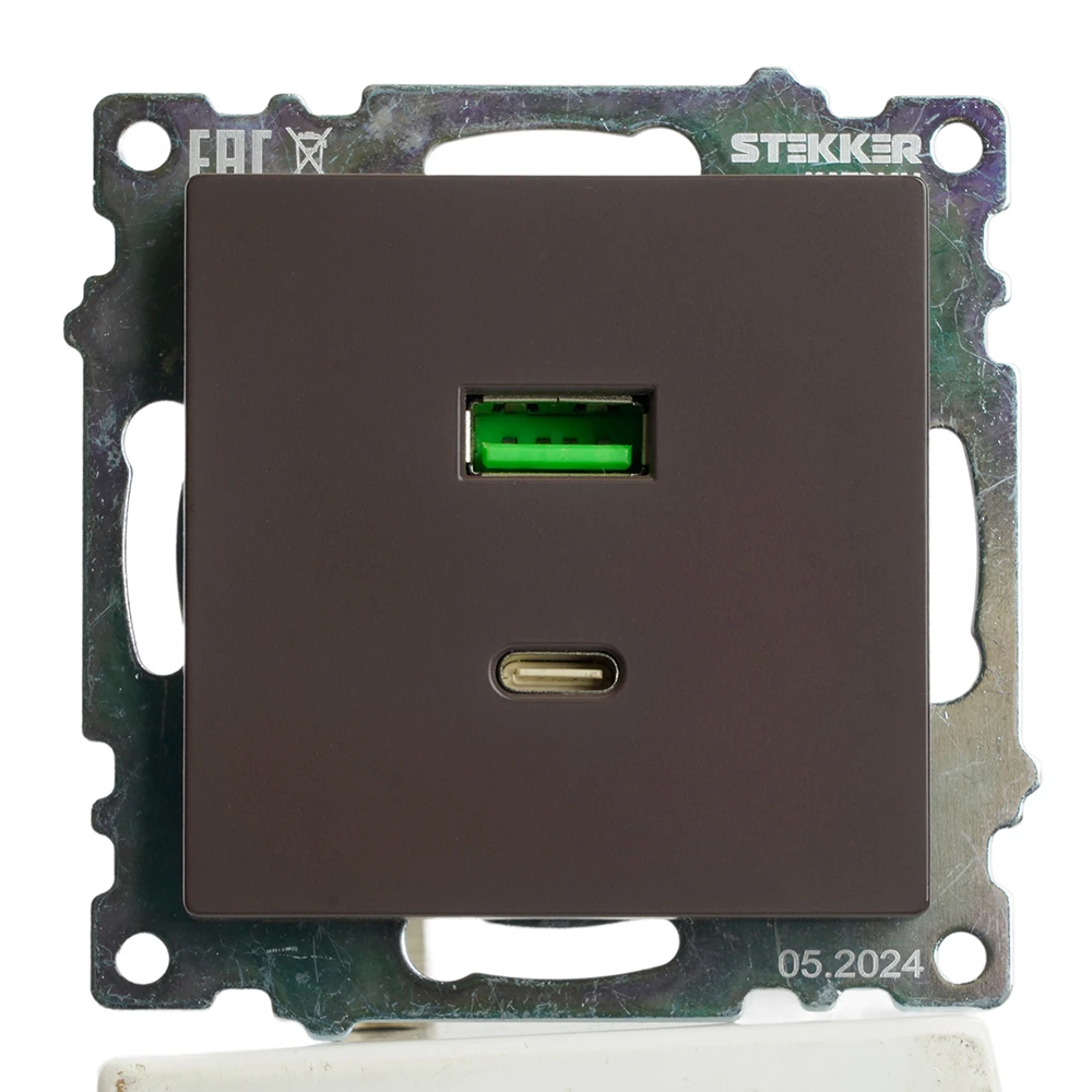 Розетка 2-местная USB + type C, STEKKER GLS10-7116-04, 250В, 3А, max 20W,серия Катрин, шоколад 50057 8