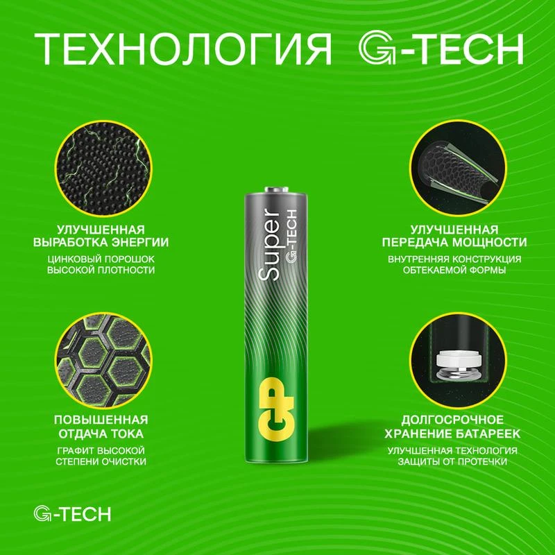 Элемент питания алкалиновый AAA/LR03 1.5В Super Alkaline G-Tech 24AA21-2CRSBC4 40/160 (блист.4шт) GP 1220 6