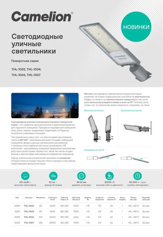 Светильник THL-1006 100Вт 5700К IP65 12000лм 180-240В 500х130х79 КСС "Ш" 1/10 ПВ уличный Camelion 16342 4