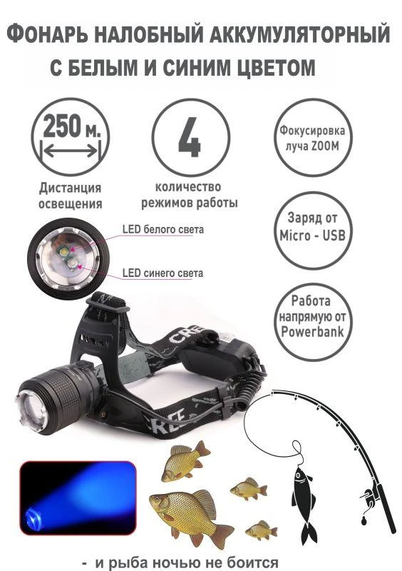 Фонарь налобный аккумуляторный LED5339 3.7В LED+син. LED 5Вт фокус 2 ак. 4 реж USB черн. Ultraflash 15041 9