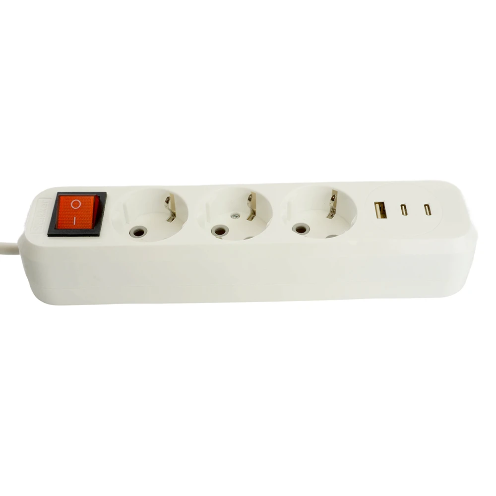 Удлинитель 3-местный с/з с выключ. STEKKER HM071-31-05 3x1мм2, 5м, 250В, 16А, 1USB+2C, 2.4A, сер Home, белый 50138 4