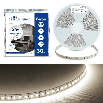 Светодиодная LED лента Feron LS501, 120SMD(2835)/м 11Вт/м 24V 30000*8*1.22мм 4000К 30м IP20 53087