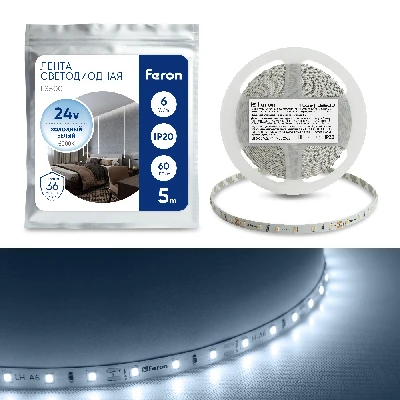 Светодиодная LED лента Feron LS500, 60SMD(2835)/м 6Вт/м 24V 5000*8*1.22мм 6000К IP20 41526