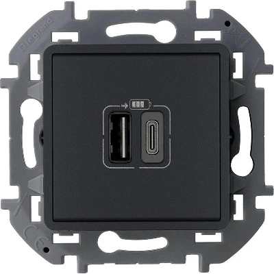 Устройство зарядное Inspiria с 2-мя USB разьемами A и C 240В/5В 3000мА антрацит IEK 673763