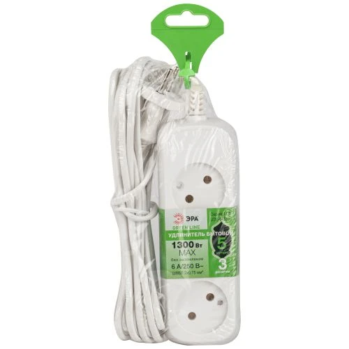 Удлинитель 3х5м без заземл. 6А IP20 GREEN LINE UDL-6-350 ШВВП 2х0.75 Эра Б0065070 1