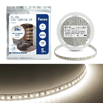 Светодиодная LED лента Feron LS501, 120SMD(2835)/м 11Вт/м 24V 5000*8*1.22мм 4000К IP20 41057