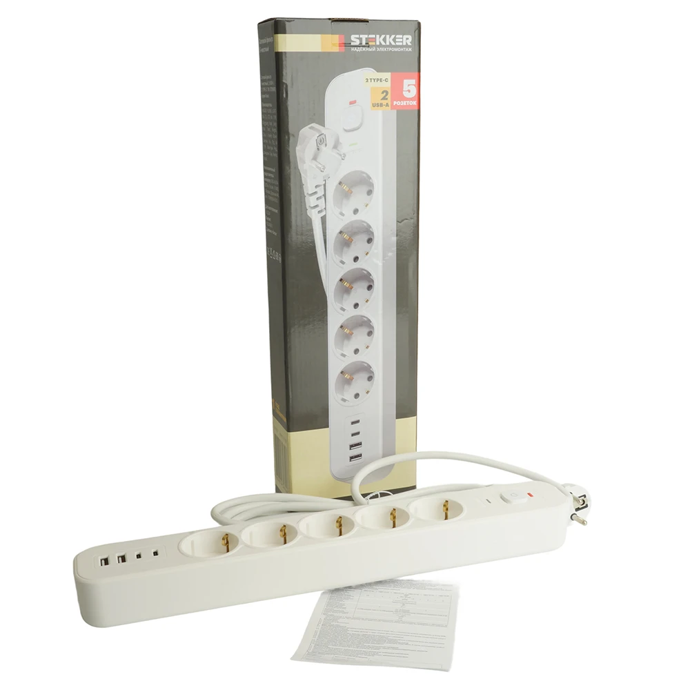 Сетевой фильтр 5-местный с/з STEKKER3x1мм2, 1,8 м, 250В, 16А, 2 USB-A+2 Type-C, серия Nova, белый 50102 9