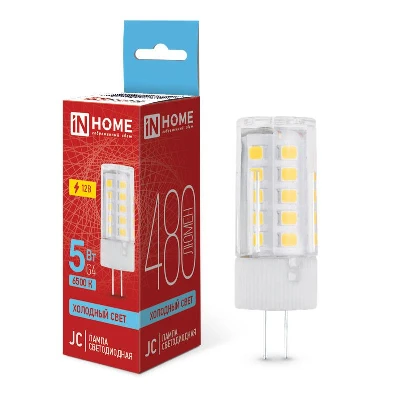 Лампа светодиодная LED-JC 5Вт капсульная прозрачная 6500К холод. бел. G4 480лм 12В IN HOME 4690612036106 0