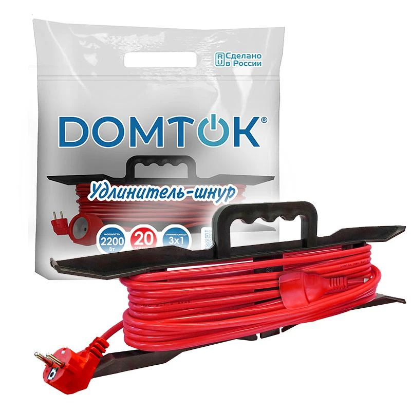 Удлинитель-шнур на рамке 1х20м с заземл. 10А IP20 2.2кВт ПВС 3х1 DOMTOK 2479 3
