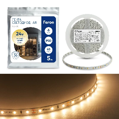 Светодиодная LED лента Feron LS500, 60SMD(2835)/м 6Вт/м 24V 5000*8*1.22мм 3000К IP20 41524