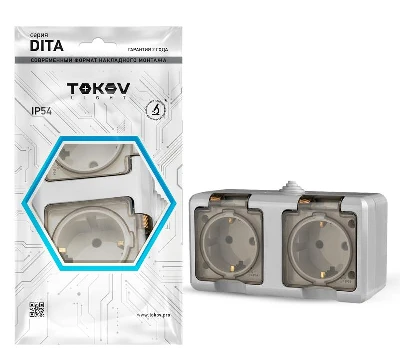 Розетка 2-м ОП Dita 16А IP54 250В с заземл. с прозр. крышкой сер.TOKOV ELECTRIC TKL-DT-R2Z-C06T-IP54