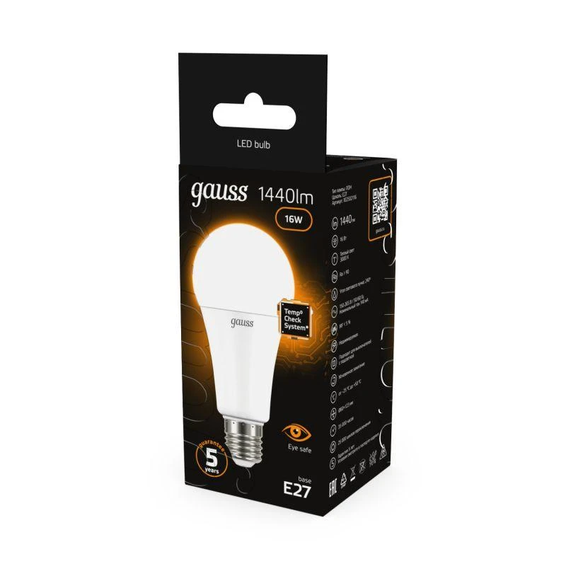 Лампа светодиодная Black 16Вт A60 грушевидная 3000К тепл. бел. E27 1440лм GAUSS 102502116 3