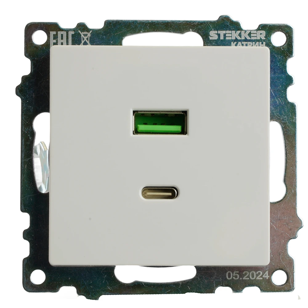 Розетка USB 2-местная + type C (механизм), STEKKER GLS10-7116-01, 250В, 3А, max 20W, серия Катрин, белый 50051 7