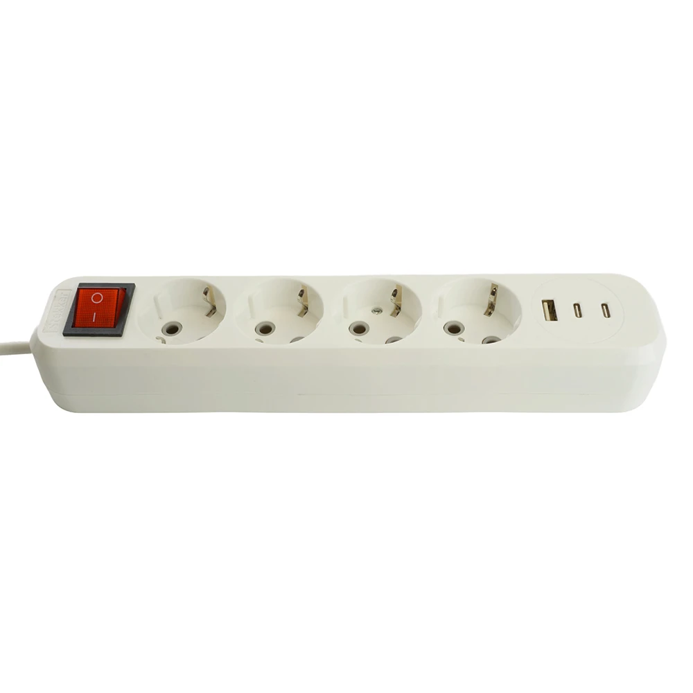 Удлинитель 4-местный с/з с выключ. STEKKER HM071-41-03 3x1мм2, 3м, 250В, 16А, 1USB+2C, 2.4A, сер Home, белый 50140 7