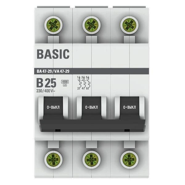 Выключатель автоматический модульный 3п B 25А 4.5кА ВА 47-29 Basic EKF mcb4729-3-25-B 1