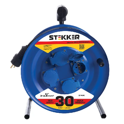 Удлинитель на металлической катушке с/з 4-местный Stekker, PRF02-41-30, 30м, 3*2,5, серия Professional, синий 39296