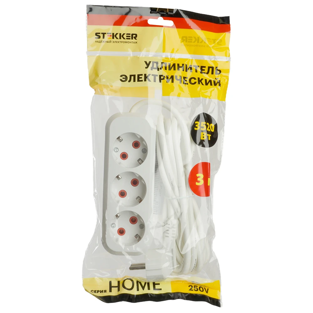 Удлинитель трехместный с/з STEKKER HM06-31-03 3x1мм2, 3м, серия Home (У10-002), белый 49348 6