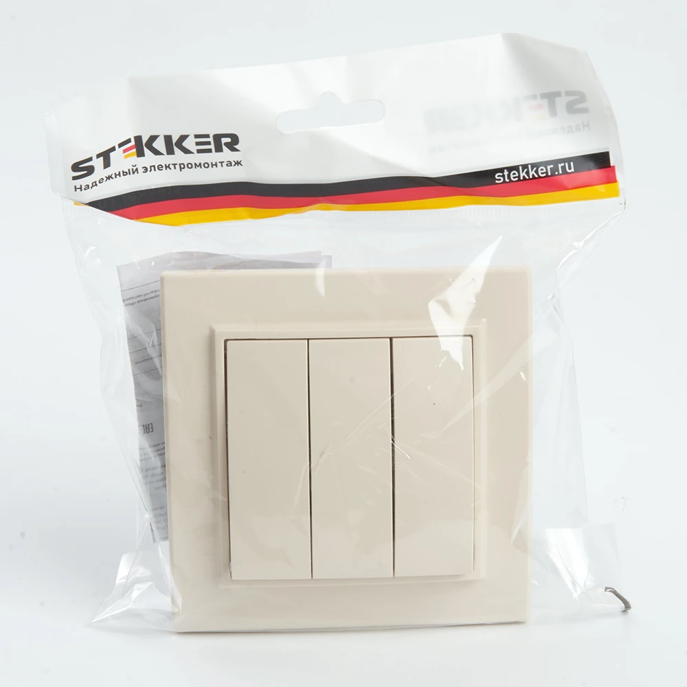 Выключатель 3-клавишный STEKKER PSW10-9007-02, 250В, 10А, серия Эрна, слоновая кость 39923 1