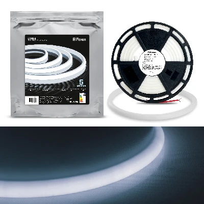 Светодиодная неоновая лента Feron LS651, 180SMD(2835)/m 14,4W/m 12V 5m IP68 6500К с 2 заглушками, 2 заглушками c проводом, 10 креплениями в комплекте 32107