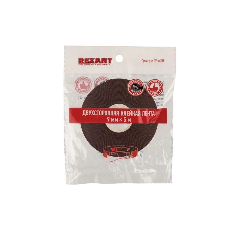 Скотч двухсторонний 9ммх5м красн. на сер. основе Rexant 09-6009 1