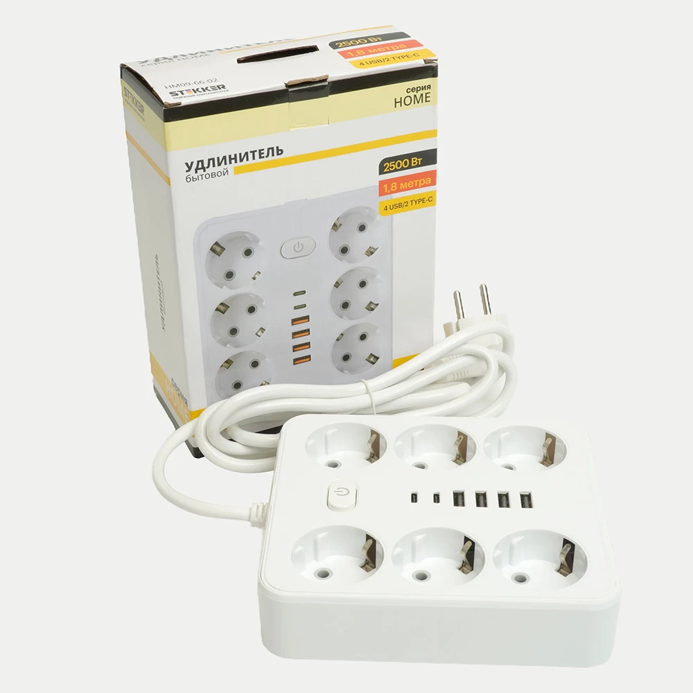 Удлинитель 6-местный c/з 3x1 мм2, 1,8 м, 250В, 10А, 4USB+2Type-C 2,4А, серия Home, белый STEKKER HM09-66-02 49975 10