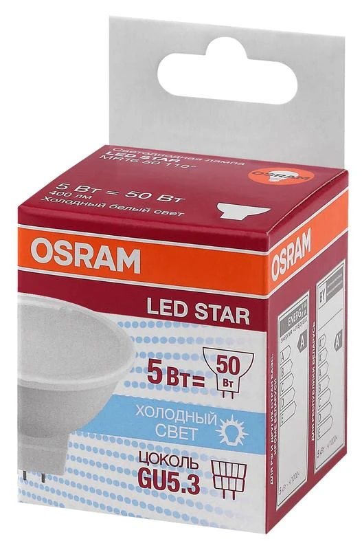 Лампа светодиодная LED Star MR16 50110 5W/840 230V GU5.3 5Вт матовая 4000К нейтр. бел. GU5.3 MR16 400лм 220-240В пластик. (замена 50Вт) OSRAM 4058075480490 1