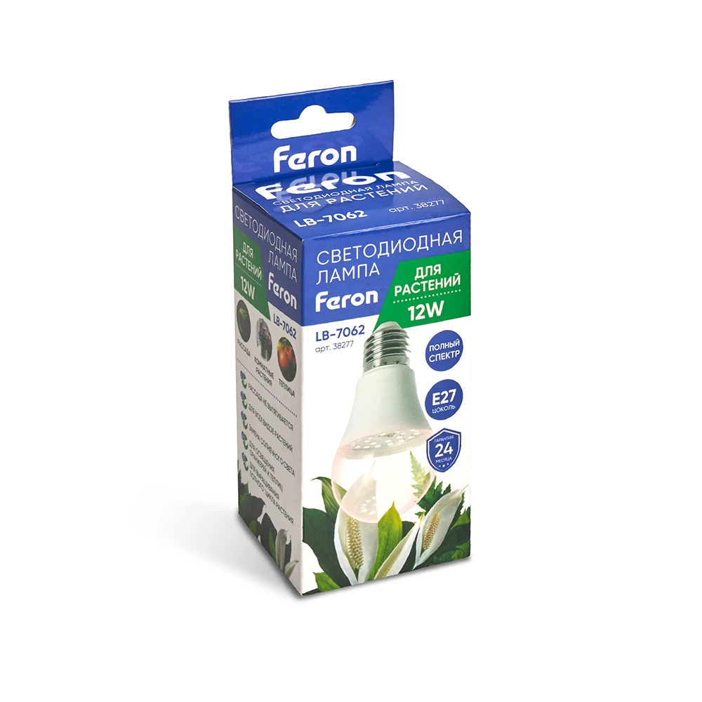 Лампа светодиодная для растений А60 Feron LB-7062 E27 12W 175-265V полный спектр 38277 1
