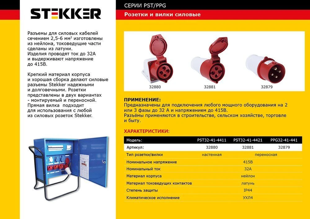 Розетка угловая STEKKER PST32-41-4411 настенная для силовых кабелей сечением 2,5-6 мм2, 3 PIN+PE нейлон/латунь 415В, 32А, IP44, красная 32880 1