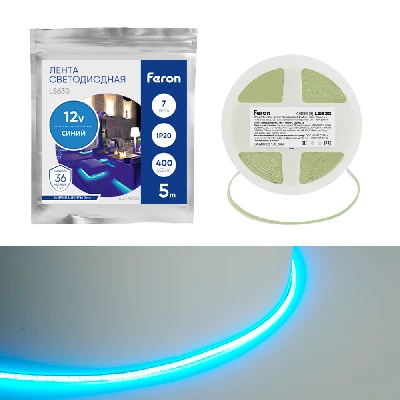 Светодиодная COB лента Feron LS630, 400SMD(2110)/ 7Вт/м 12V 5000*3*1.8мм синий, IP20 48953