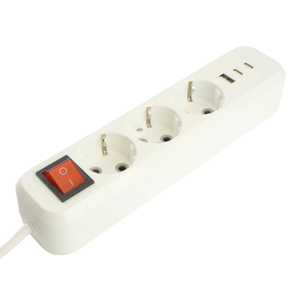 Удлинитель 3-местный с/з с выключ. STEKKER HM071-31-03 3x1мм2, 3м, 250В, 16А, 1USB+2C, 2.4A, сер Home, белый 50137 1