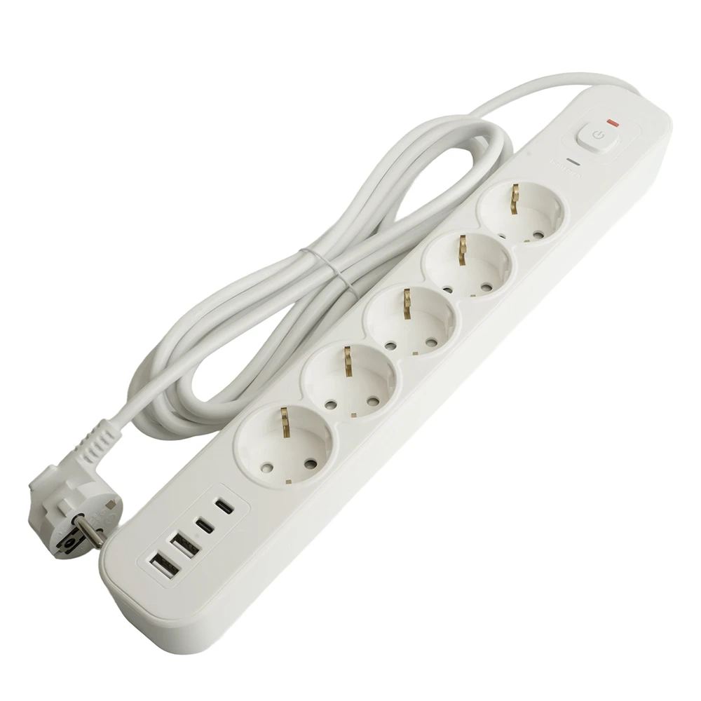 Сетевой фильтр 5-местный с/з STEKKER3x1мм2, 1,8 м, 250В, 16А, 2 USB-A+2 Type-C, серия Nova, белый 50102 6