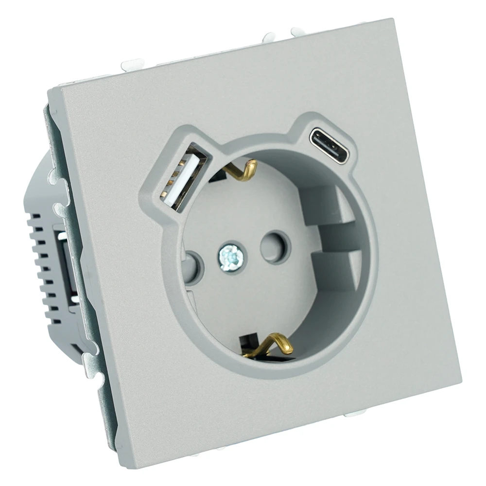 Розетка 1-местная з/ш с/з 16А + USB + Type C (механизм), Stekker, 250В, 20W, серия Эмили, платиново-серый, soft-touch, RST16-5119-10 50219 1