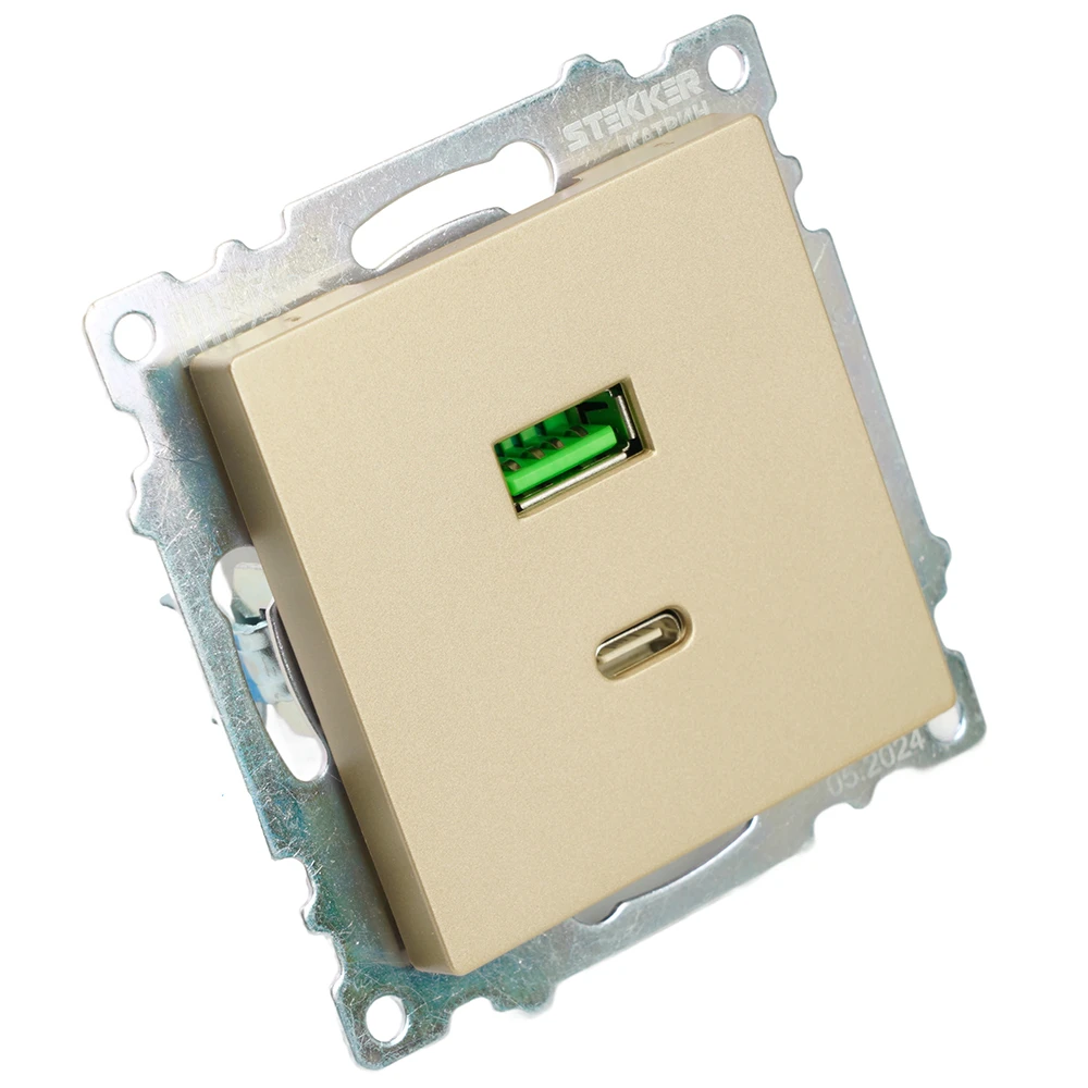 Розетка 2-местная USB + type C (механизм), 250В, 3А, max 20W, STEKKER, GLS10-7116-08, серия Катрин, золото 50053 1