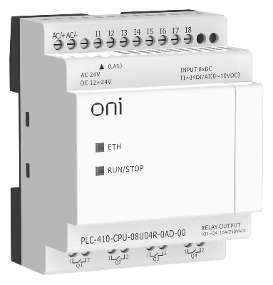 Модуль ЦПУ ПЛК 410 4 DI 4 UI (0-10 В/DI) 4 RO 12В-24В DC или 24В AC с Ethernet портом без экрана ONI PLC-410-CPU-08U04R-0AD-00