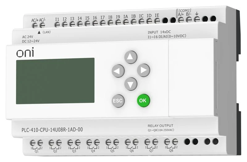 Модуль ЦПУ ПЛК 410 8 DI 6 UI (0-10В/DI) 8 RO 12В-24В DC или 24В AC с Ethernet портом с экраном ONI PLC-410-CPU-14U08R-1AD-00 2