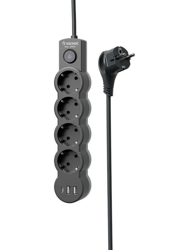 Удлинитель 4х1.5м с заземл. 10А IP20 2хUSB-А + 1хUSB-C 2500Вт 220В ПВС 3х1 с выкл. черн. КОСМОС YKsm1.5m4g-Z-VU10А-B 3