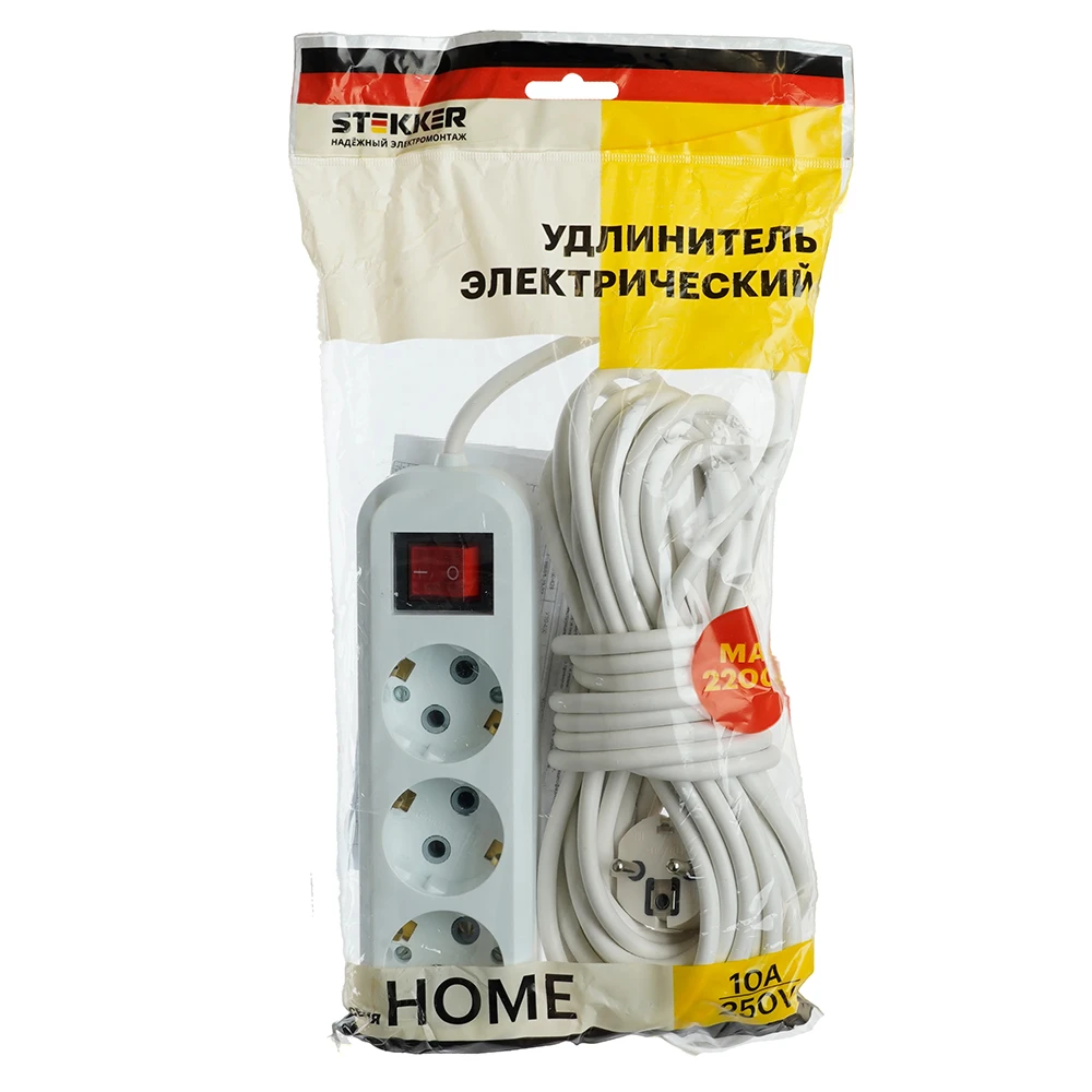 Удлинитель трехместный с/з с выключателем STEKKER HM03-31-03 3x0,75, 3м, серия Home (У10А-002), белый 39198 6