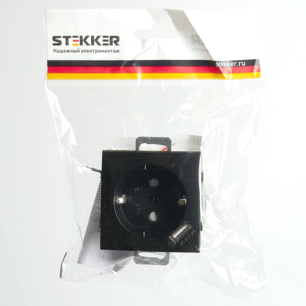 Розетка 1-местная с/з (механизм), STEKKER, PST16-9111-03, 250В, 16А с защ. шторкой и с USB, серия Эрна, черный 49155 1